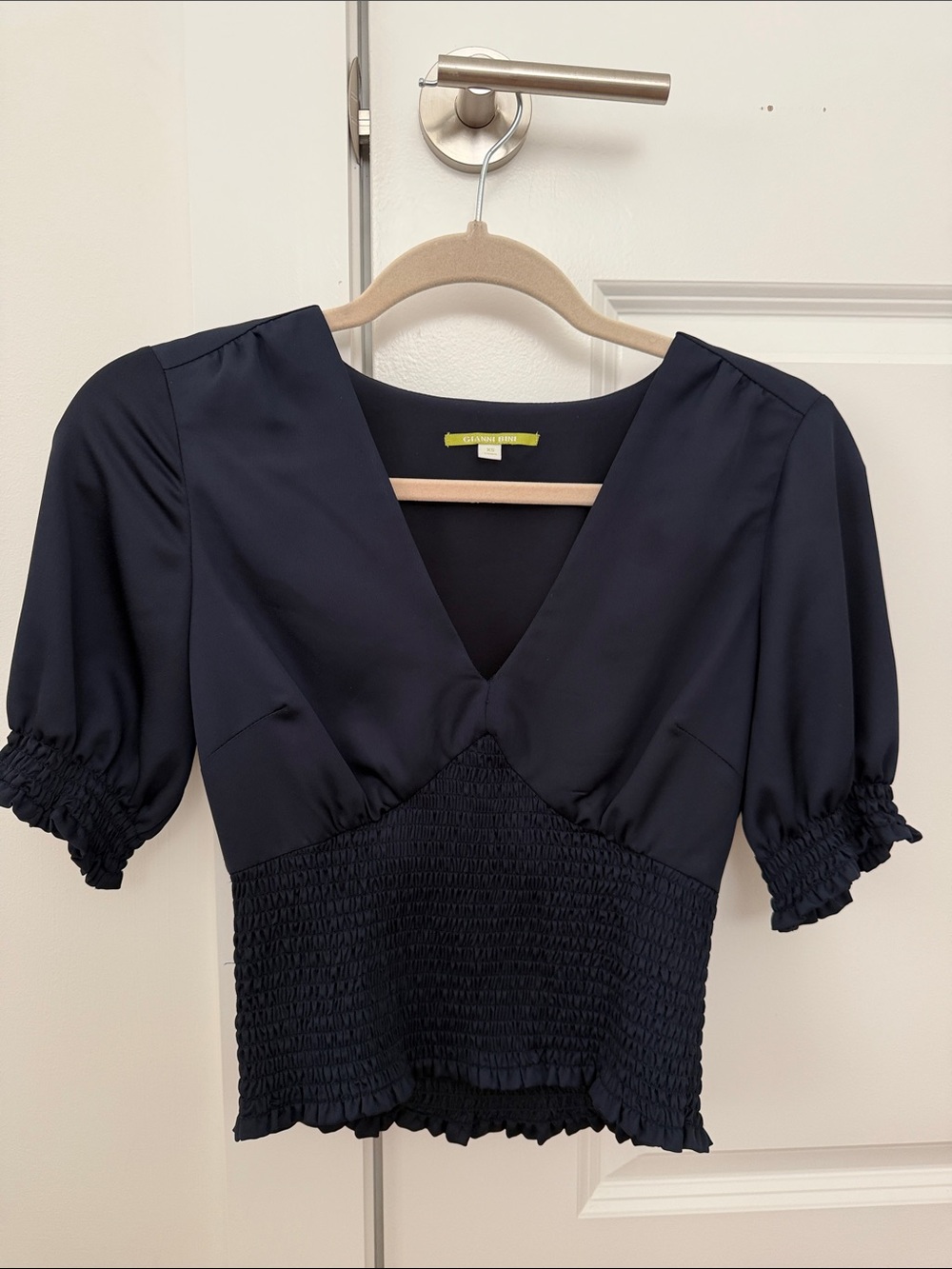 Gianni Bini Dark Navy V-Neck Smocked Waist Puff Sleeve Top